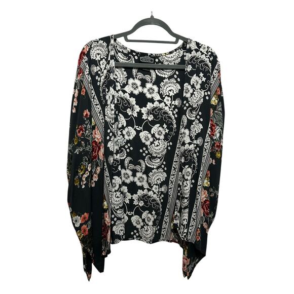 Angie Women Floral Kimono Top S Gray Rayon Boho Peasant Whimsy Festival Blouse - Picture 1 of 7